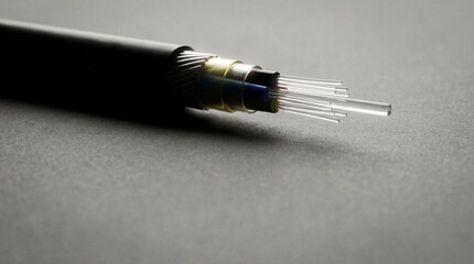 Macro Close-Up of Armored Fiber Optic Cable Cross-Section