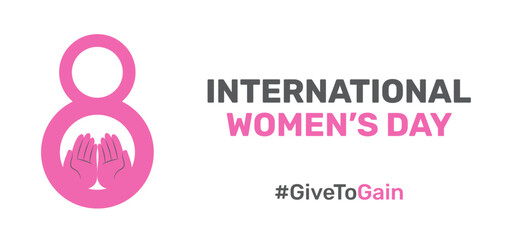 Vector horizontal banner design for celebrating the #Givetogain campaign 2026, an International Women's Day March 8 with girl power, feminism, and activism.Symbolic open palms, hands giving a gesture.