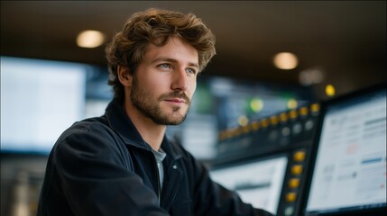 A technician monitoring fermentation tanks inside a modern biofuel refinery, digital dashboards tracking ethanol conversion rates in real time &mdash; biofuel manufacturing, clean-energy analytics, and