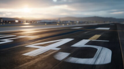 Runway threshold numbers and bold white markings shot in close-up, symbolizing navigation, precision, and standardized global aviation systems. cinematic color correction, natural uneven lighting
