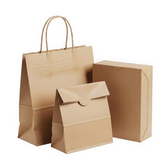 Collection of brown paper bags and boxes isolated on transparent background
