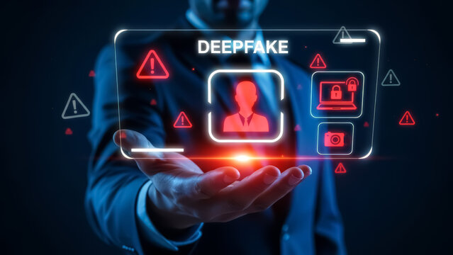 A person interacting with a futuristic deepfake interface with warning symbols - Powered by Adobe