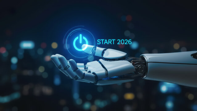 Robotic hand activating a blue power button with start 2026 text - Powered by Adobe