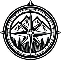 Black and white compass with mountains and trees navigation