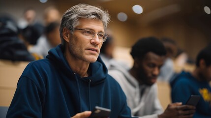 A professor using live polls during a lecture, students responding on smartphones, demonstrating active learning and educational technology integration. cinematic color correction, natural uneven