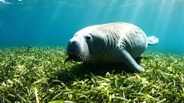 Dugong Foraging on Seagrass in Clear Blue Waters, Underwater View