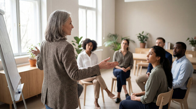 Senior Female Mentor Facilitating Soft Skills Workshop for Diverse Team