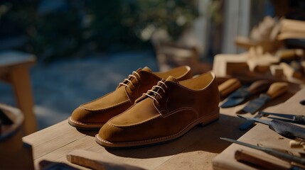 Finished leather goods displayed on a workbench beside tools and scraps, showing transformation from raw material to premium handcrafted product. cinematic color correction, natural uneven lighting