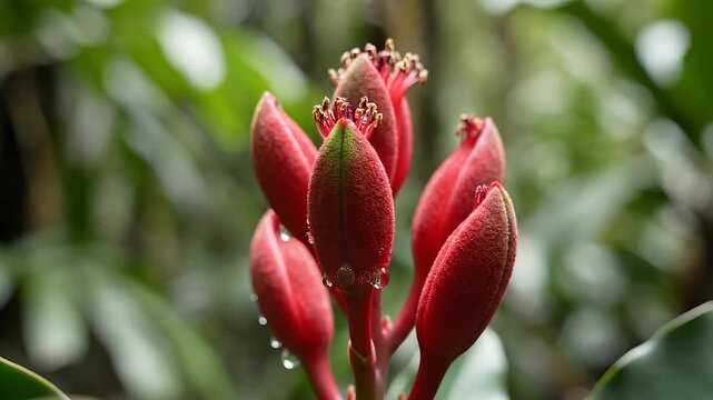 Close up of a vibrant red flower bud cluster with water droplets.