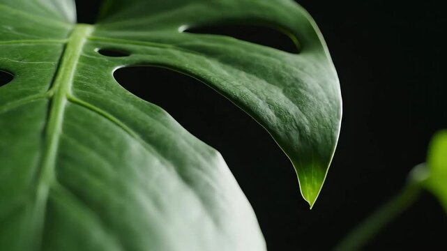 Closeup of a vibrant green Monstera leaf against a dark background showcasing its unique fenestrations and natural beauty.