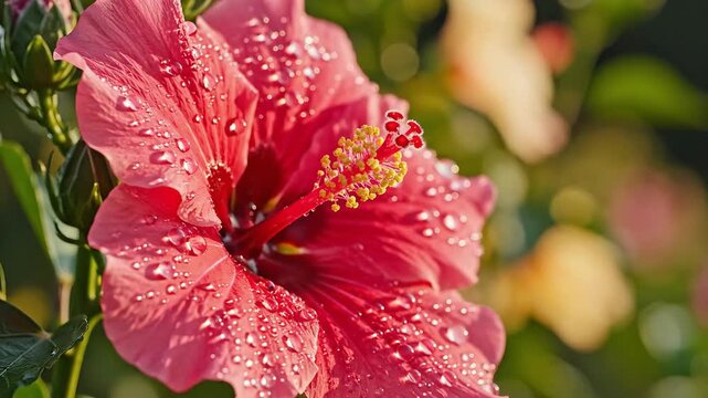 Closeup of a vibrant pink hibiscus flower covered in water droplets.