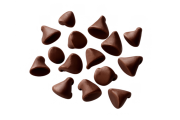 Chocolate chips scattered, falling, baking ingredient, sweet dessert concept, brown delicious morsels on transparent background