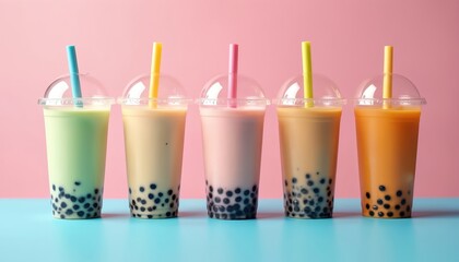 Five cups of bubble tea in a row with different flavors and colors. The drinks are in plastic cups with straws, placed on a blue surface against a pink background. Refreshing beverages for summer.