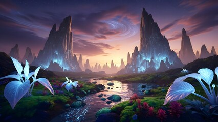 A serene and vibrant fantasy landscape with glowing plants and towering mountains at sunset