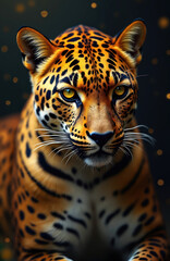 Obraz premium Close up portrait of leopard with bright yellow eyes, spotted fur. Majestic wild cat stares intently forward against dark, bokeh background with golden lights. Powerful build, watchful gaze convey
