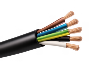 Multi-core electrical cable showing colorful insulated wires with exposed copper conductors ready for connecting industrial power
