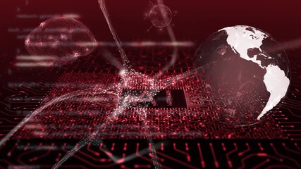 Artificial intelligence concept featuring an AI chip on a motherboard, digital human brain, neural networks, and planet Earth. Seamless looping animation. - Powered by Adobe