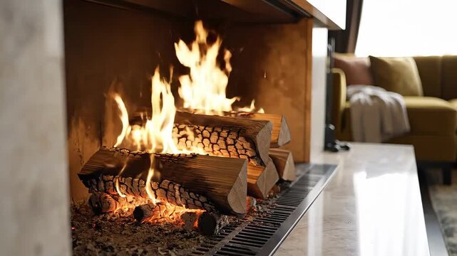 Cozy Fireplace with Burning Logs and Soft Sofa in Background.