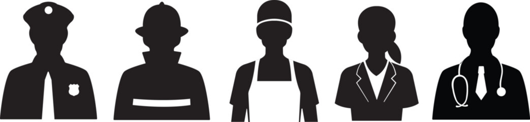 Profession silhouette vector isolated clip art. People in job uniform like policeman, doctor, firefighter, businessman illustration for asset, icon, poster