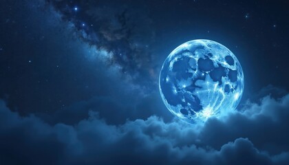 Mystical blue moon shines brightly in dark starry sky. Clouds drift past celestial body illuminating night with soft cool light. Space concept for dreams, fantasy, and cosmos.