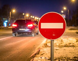 No Entry Road Sign at Night.