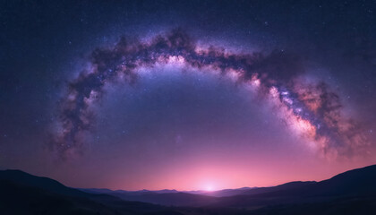 Vast night sky displays bright arched Milky Way over silhouetted hills. Purple and pink hues blend with countless stars creating cosmic panorama. Deep space view above quiet mountain landscape.