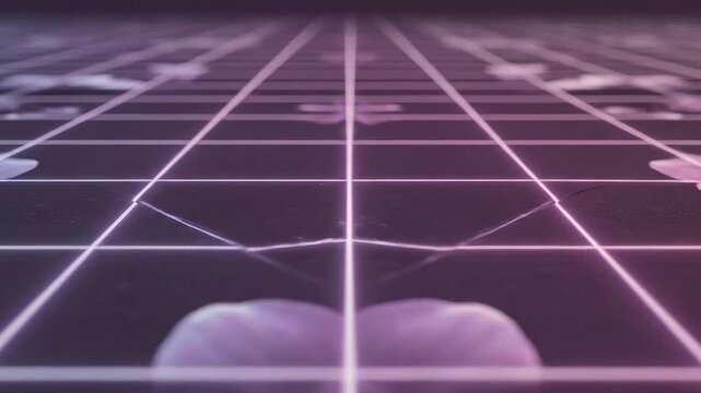 Futuristic grid with glowing purple orchid flowers creating a mesmerizing abstract pattern.