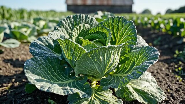 Fresh Green Cabbage Growing in a Field on a Sunny Day.