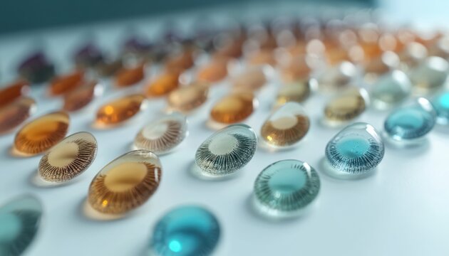 Rows of colorful contact lenses laid out on a white surface. Different shades like brown, blue, and amber are visible, showcasing variety in cosmetic and corrective eye wear options.