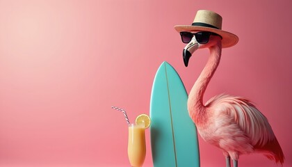 Obraz premium Pink flamingo wears straw hat and sunglasses beside surfboard and cocktail. Bird is ready for summer vacation fun. Enjoying tropical holiday.