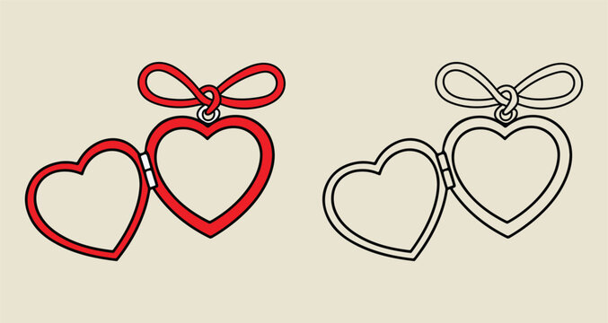 Open heart locket necklace with bow red and outline drawing on beige background