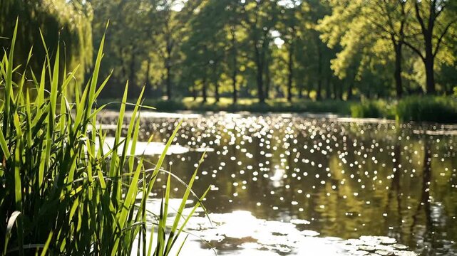 Lush Green Reeds and Sunlight Dancing on a Serene Lake Surface in a Tranquil Park Setting.