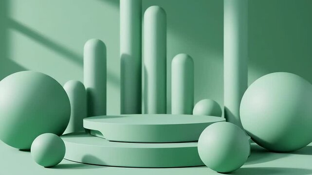 Minimalist Green Pedestal Display with Geometric Shapes and Sunlight Shadows.