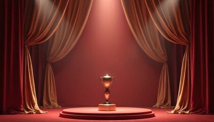 Golden trophy sits on red carpet stage under spotlight. Dramatic red and gold curtains frame the pedestal, signifying victory and achievement in a grand event.