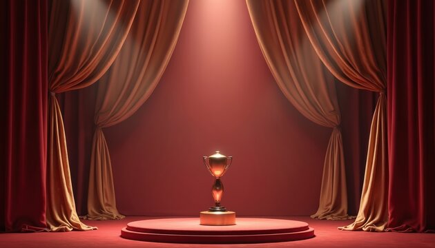 Golden trophy sits on red carpet stage under spotlight. Dramatic red and gold curtains frame the pedestal, signifying victory and achievement in a grand event.