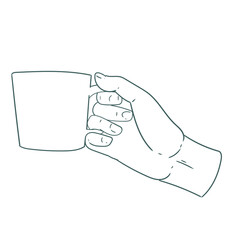 Original illustration of a hand with a cup of tea, hot chocolate or coffee, a vintage ink line drawing for cards, menus, cafes, baristas, tea houses or graphic design.