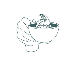 Original illustration of a hand with a cup of tea, hot chocolate or coffee, with cream, a vintage ink line drawing for cards, menus, cafes, baristas, tea houses or graphic design.