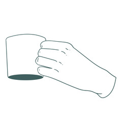 Original illustration of a hand with a cup of tea, hot chocolate or coffee, a vintage ink line drawing for cards, menus, cafes, baristas, tea houses or graphic design.
