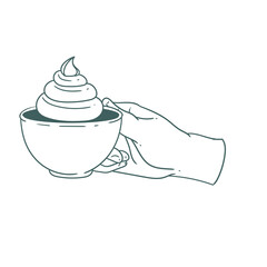 Original illustration of a hand with a cup of tea or coffee, with cream, a vintage ink line drawing for cards, menus, cafes, baristas, tea houses or graphic design.