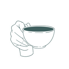 Original illustration of a hand with a cup of tea, hot chocolate or coffee, a vintage ink line drawing for cards, menus, cafes, baristas, tea houses or graphic design.