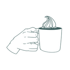 Original illustration of a hand with a cup of tea or coffee, with cream, a vintage ink line drawing for cards, menus, cafes, baristas, tea houses or graphic design.