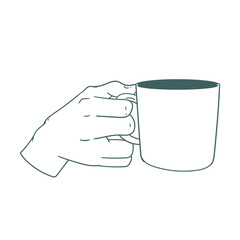Original illustration of a hand with a cup of tea, hot chocolate or coffee, a vintage ink line drawing for cards, menus, cafes, baristas, tea houses or graphic design.