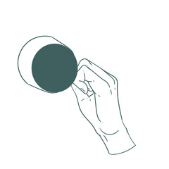 Original illustration of a hand with a cup of tea, hot chocolate or coffee, a vintage ink line drawing for cards, menus, cafes, baristas, tea houses or graphic design.
