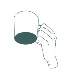 Original illustration of a hand with a cup of tea, hot chocolate or coffee, a vintage ink line drawing for cards, menus, cafes, baristas, tea houses or graphic design.