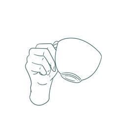 Original illustration of a hand with a cup of tea, hot chocolate or coffee, a vintage ink line drawing for cards, menus, cafes, baristas, tea houses or graphic design.