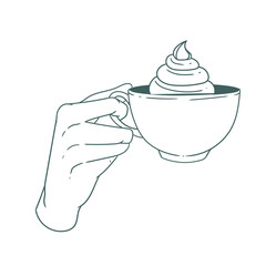 Original illustration of a hand with a cup of tea or coffee, with cream, a vintage ink line drawing for cards, menus, cafes, baristas, tea houses or graphic design.