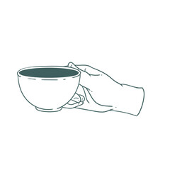 Original illustration of a hand with a cup of tea, hot chocolate or coffee, a vintage ink line drawing for cards, menus, cafes, baristas, tea houses or graphic design.
