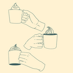 Original illustration set of a hand with a cup of tea or coffee, a vintage ink line drawing for cards, menus, cafes, baristas, tea houses or graphic design.