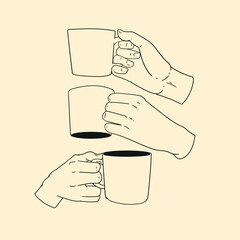 Original illustration set of a hand with a cup of tea or coffee, a vintage ink line drawing for cards, menus, cafes, baristas, tea houses or graphic design.