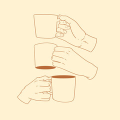 Original illustration set of a hand with a cup of tea or coffee, a vintage ink line drawing for cards, menus, cafes, baristas, tea houses or graphic design.